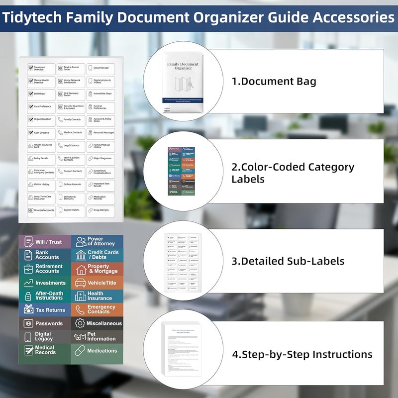 TIDY TECH Family Document Organizer Guide, Filing System with Step-by-Step Instructions for Estate Planning, Personal Records, Next of Kin Kit (18 Category Labels and 97 Sub-Labels) - Image 3